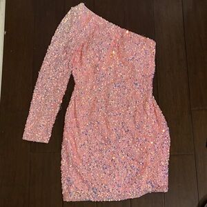 Primavera Couture Pink Sequin One-Shoulder Dress